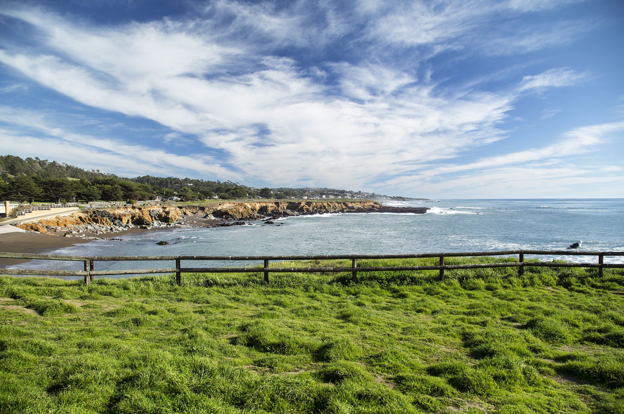 A rocky coastline with waves, green grass, a wooden fence, and a wide blue sky filled with scattered clouds.