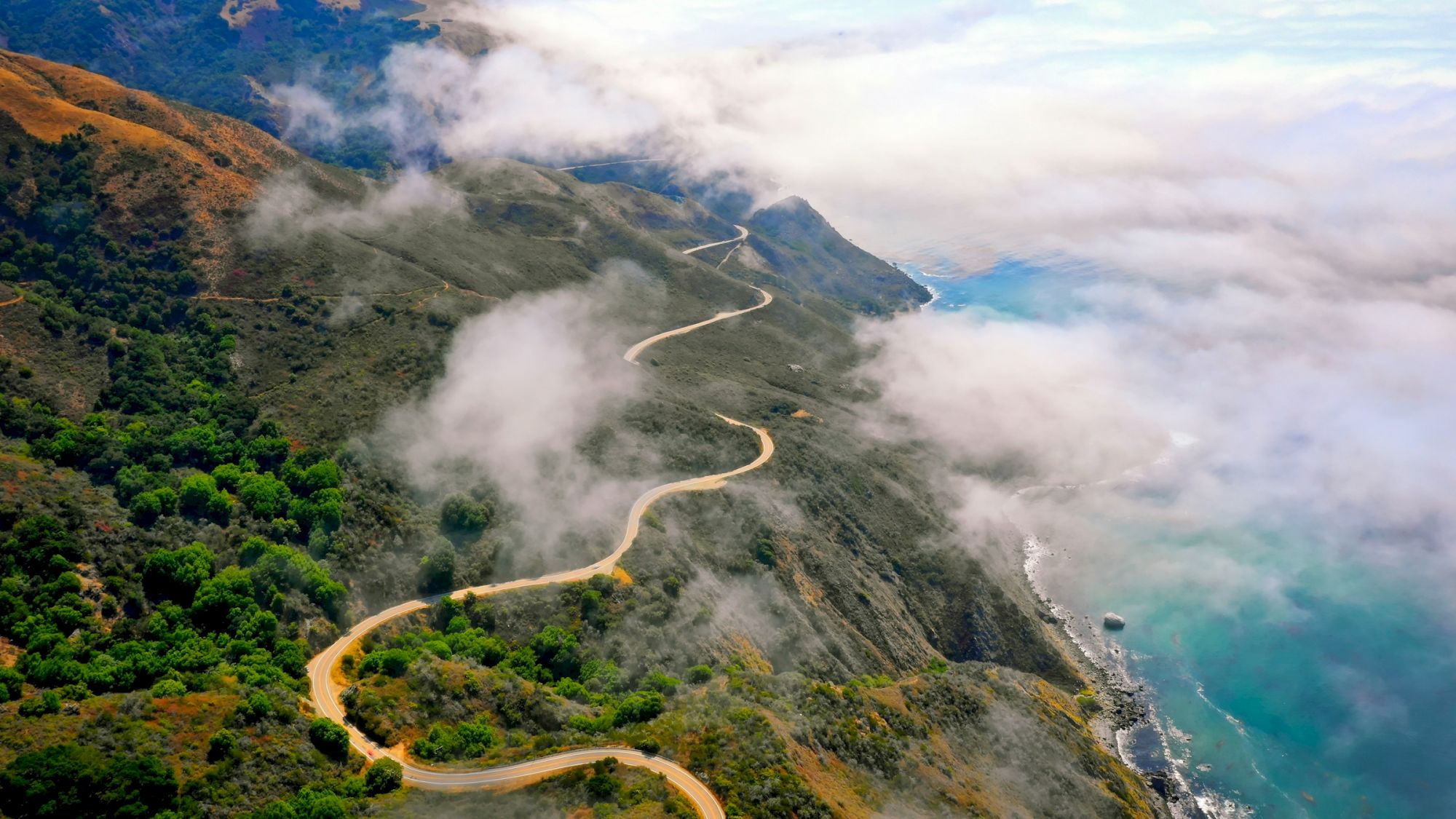A winding coastal road snakes up a green, misty hillside along rugged cliffs by the sea.