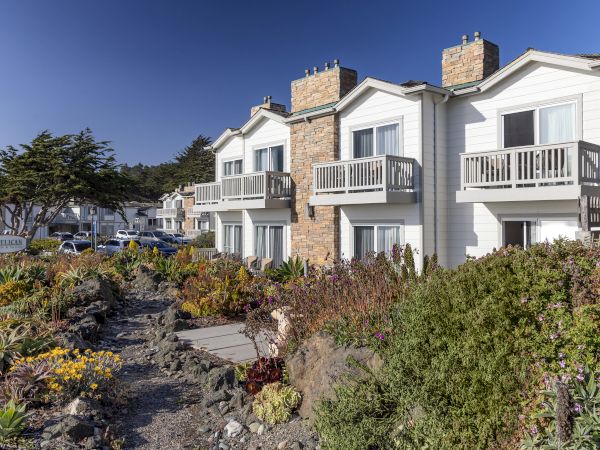 A row of two-story white and stone apartments with small balconies, nestled by a coastal garden and shrubbery, under a clear blue sky.