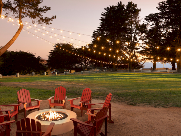 People gathered around a lit fire pit in a park at dusk, cozy string lights overhead, red chairs arranged in a circle for chats.