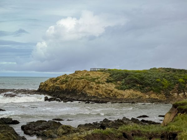 A rocky coastal scene with green vegetation on a cliff, waves crashing on rocks, and a blue sky with fluffy clouds in the distance.