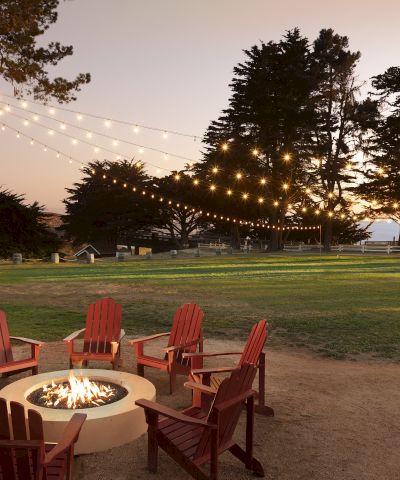 A cozy outdoor fire pit with red Adirondack chairs sits under string lights at sunset, surrounded by trees and a grassy lawn.